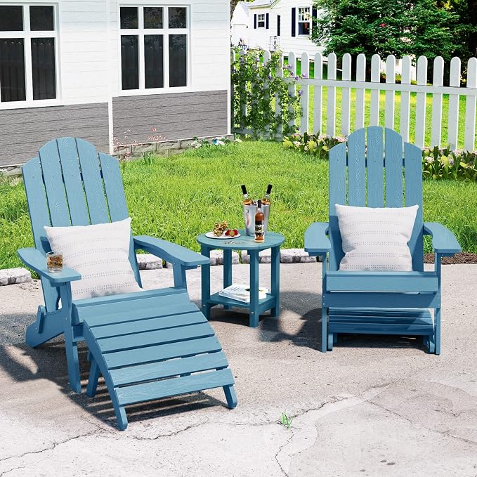 MXIMU Folding Adirondack Ottoman Set of 2: HIPS Plastic Outdoor Footrest Easy Assembly - All Weather Foot Rest Foot Stool for Adirondack Chair Use in Patio Garden Backyard Pool (Blue)