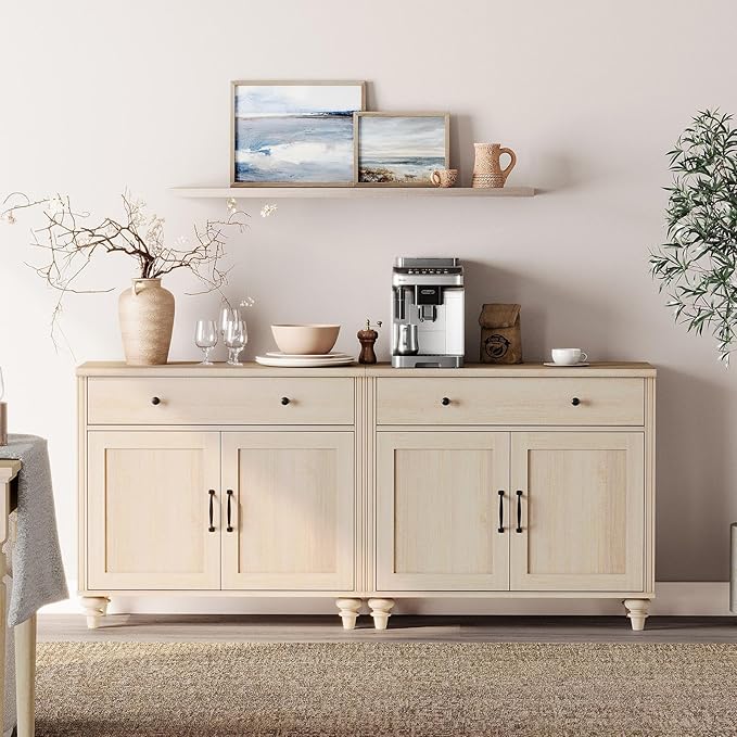 WAMPAT Buffet Cabinet with 4 Doors and 2 Drawers, Large Coffee Bar Table Wood Kitchen Storage Cabinets with Storage Cabinets, Modern Farmhouse Sideboard Credenza for Dining Room, Beige, 68 inch