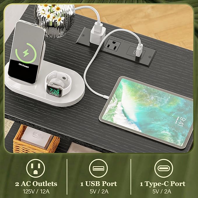 SUPERJARE Nightstand with Charging Station, Bed Side Table with Adjustable Fabric Drawer, Night Stand for Bedroom, 3-Tier Storage End Table, for Living Room, Black
