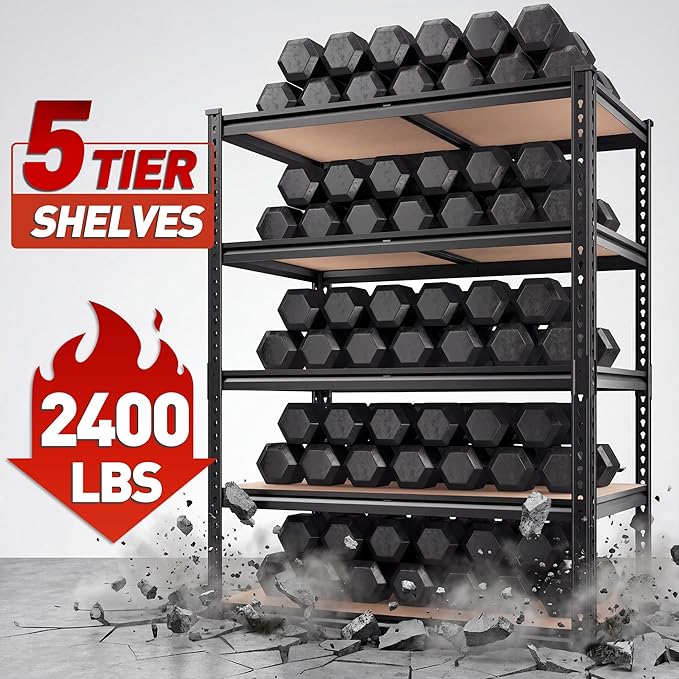 REIBII 2400LBS Storage Shelves 5 Tier Garage Shelving Heavy Duty, Adjustable Metal Shelving, Garage Shelves for Basement, Warehouse, Pantry, Closet, Kitchen 72" H x 36" W x 16" D, Black, 3 Pack