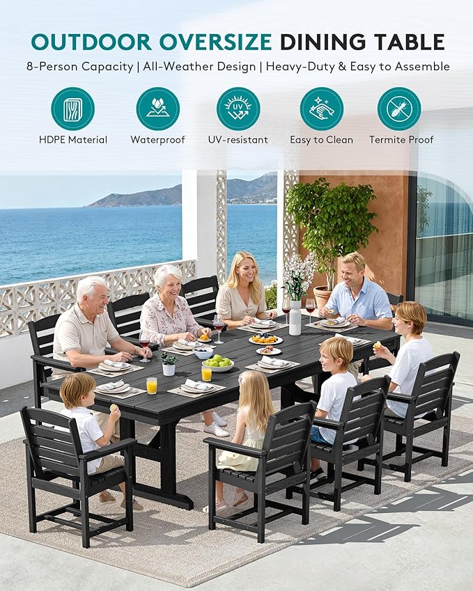 SERWALL 9 Piece Outdoor Dining Set, 84" HDPE Outdoor Table and Chairs for 8，All Weather Patio Dining Furniture Set with Umbrella Hole for Backyard, Garden, Black