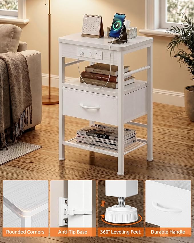 Lazzanto Nightstands Set of 2 with Charging Station, Bed Side Tables with Open Shelf & Hooks, End Tables with USB-C USB-A Ports AC Outlets, Night Stand for Bedroom with Fabric Drawer, White