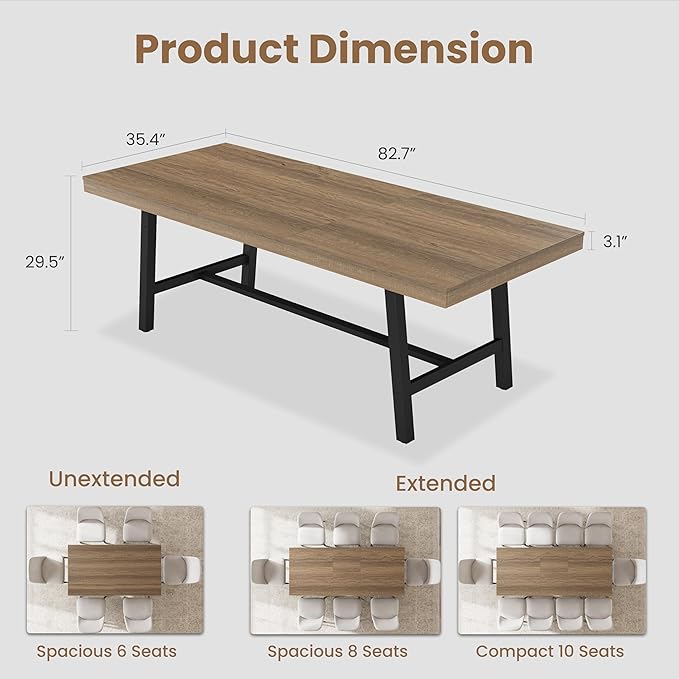 GarveeHome 63-83" Extendable Dining Table, Industrial Rectangular Dining Room Table for 6-8 People, Expandable Kitchen Table with Heavy Duty Metal Frame for Dining Room, Kitchen & Parties, Rustic Pear