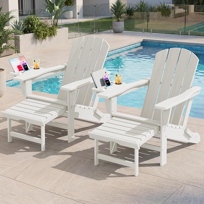 KINGYES Adjustable Folding Adirondack Chair with Footrest & 4-in-1 Multi-Functional Holder Set of 2, HDPE Reclining Adirondack Chair with Pull-Out Ottoman, White