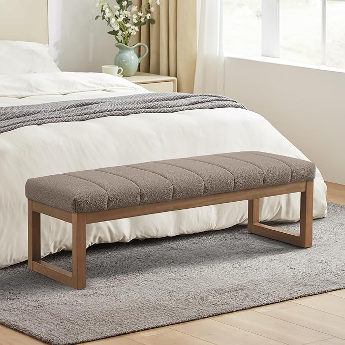 Zihanhome 52.7" Bedroom Bench for End of Bed, Modern Upholstered Teddy Fabric Entryway Bench & Dining Bench, Footrest Stool Bench with Solid Wood Frame for Bedroom, Living Room (Dark Brown)