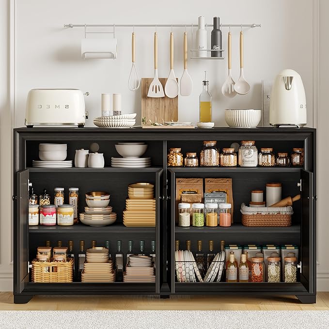 ONBRILL 60 Inches Sideboard Buffet Cabinet with Storage, 4 Doors Large Sideboard, Kitchen Cabinet with Open Shelf & Adjustable Shelf, Kitchen Coffee Bar Console Table for Living Room, Hallway, Black