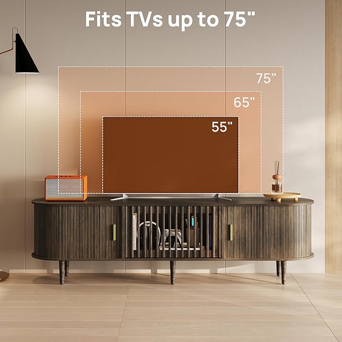 70" Fluted Mid Century Modern TV Stand for TVs Up to 75", Tambour Sliding Doors Entertainment Center with Storage&LED, Curved Media&TV Console Long TV Stands for Living Room Bedroom, Walnut