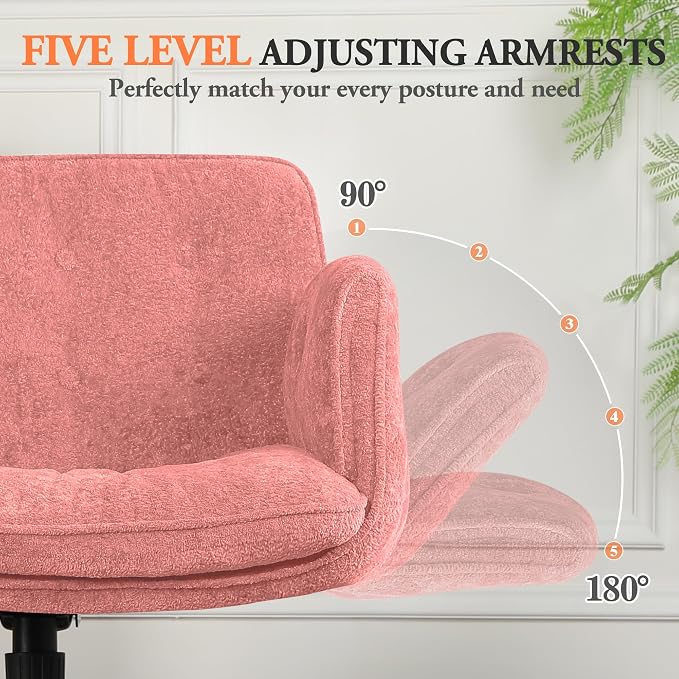 Criss Cross Chair with Lumbar Airbag & Folding Arms Relieve Back Pain, Wide Cross Legged Office Chair for Home Office, Comfy Swivel Desk Chair with Wheels, 5 Level Adjustable Armrest, Chenille(Pink)