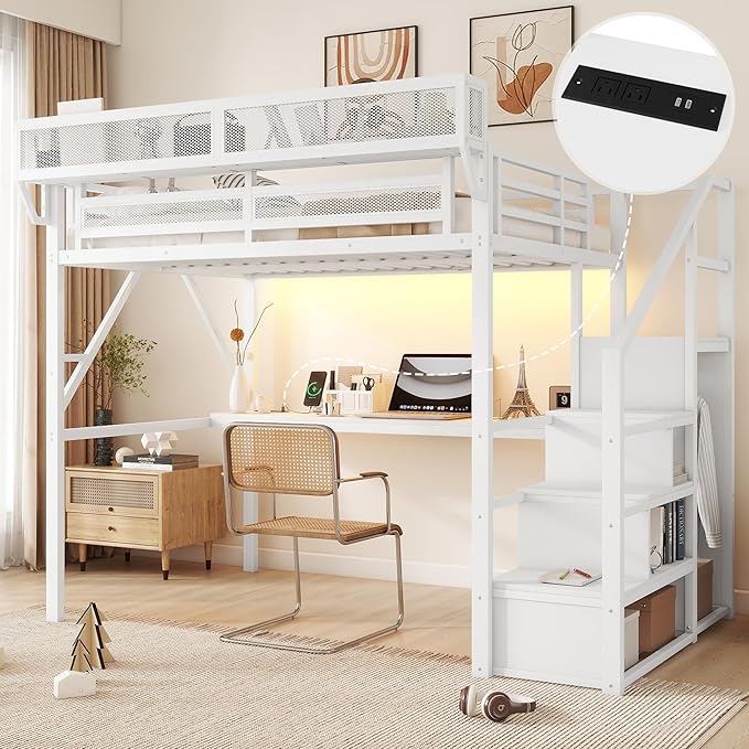 KEIKI Full Size Metal Loft Bed Frame with Desk, Staircase, Built-in Storage Shelves and Wardrobe, Modern Loft Bed with Solid Slats, Guardrail, No Box Spring Required, Easy Assembly, for Bedroom, White