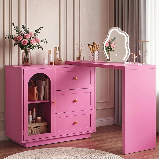 RoyalCraft 59" Makeup Vanity Desk, Pink Vanity Dresser, L Shaped Corner Vanity Table with 3 Drawer & 1 Door, Modern Extendable Dressing Table for Bedroom, Dressing Room, Small Space (Without Mirror)