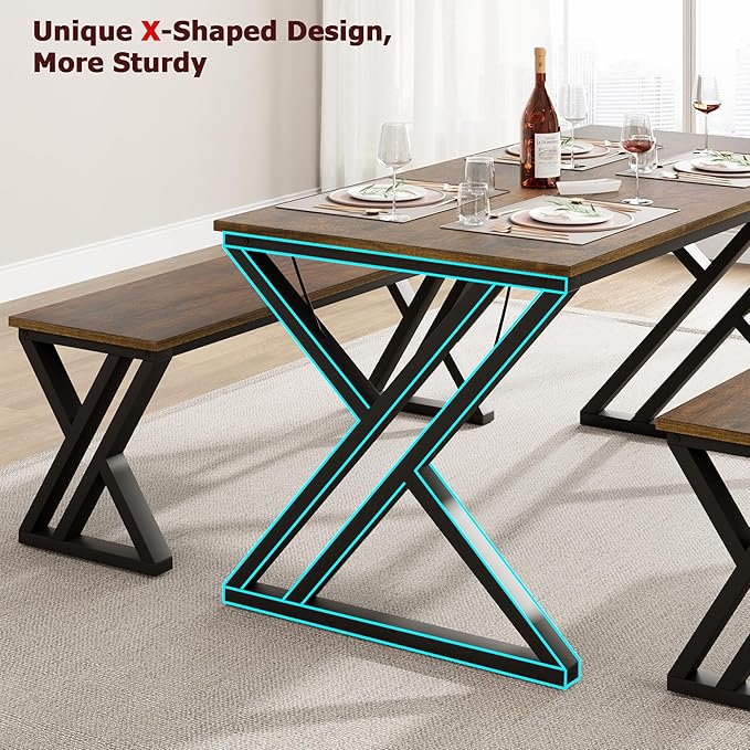 GAOMON Dining Table Bench Set for 4, Kitchen Table Set with 2 Benches, Rectangular Dining Room Table Set with Sturdy Metal Frame, Saving Space for Kitchen, Dining Room, Apartment, Vintage Brown