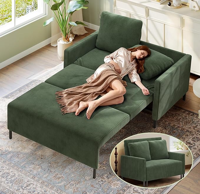 Welzona 47.2" Convertible Sofa Bed Couch, Comfy Corduroy Loveseat Sleeper Sofa, 620lbs Capacity Couch Bed, Easy Setup Love Seat Sleeper Bed with 2 Pillow, Small Couches for Living Room/Office, Green
