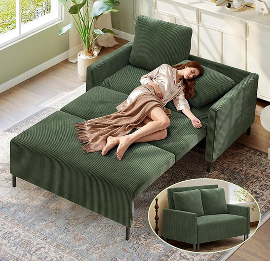 Welzona 47.2" Convertible Sofa Bed Couch, Comfy Corduroy Loveseat Sleeper Sofa, 620lbs Capacity Couch Bed, Easy Setup Love Seat Sleeper Bed with 2 Pillow, Small Couches for Living Room/Office, Green