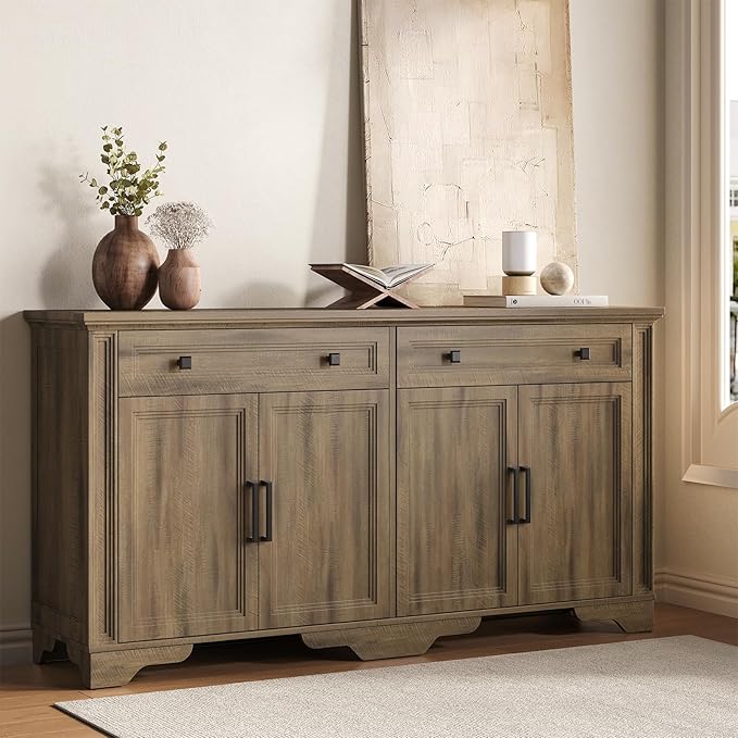 ONBRILL 63" Sideboard Buffet Cabinet, Kitchen Buffet Storage Cabinet, Large Credenza with Drawers & Doors, Wood Coffee Bar Console Wine Bar for Living Room Hallway Washed Brown