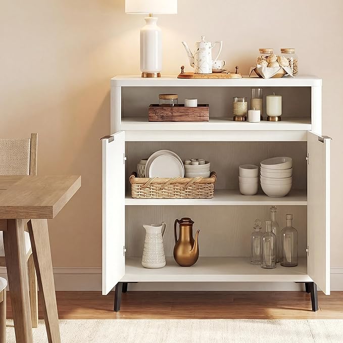 Fatmok Fluted Buffet Cabinet with Storage Set of 2, 31.4" Wide Wood Sideboard Credenza with 2 Doors & Open Storage Shelf, Modern Coffee Bar Table for Living Room Kitchen Dining Room,White