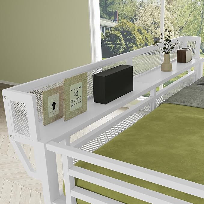 KEIKI Full Size Metal Loft Bed Frame with Convertible Staircase, Built-in Storage Shelves and Wardrobe, Loft Bed with Solid Slats, Guardrail, No Box Spring Required, Easy Assembly, for Bedroom, White