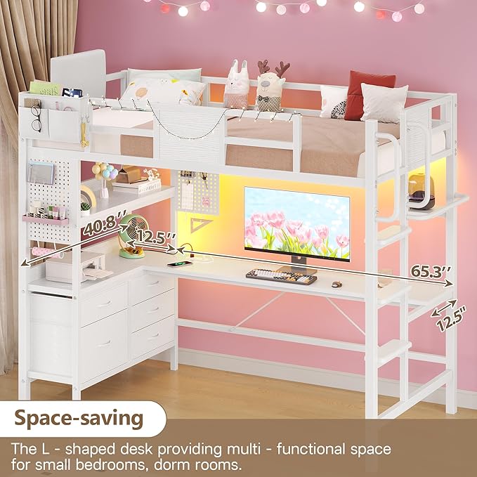 BYSAUD Twin Loft Bed with Desk and Storage, Metal Bunk Bed with 5 Drawers and 2 Pegboards, Heavy Duty Loft Bed Twin Size with LED Lights and Charging Station for Teens Adults, Noise Free, White