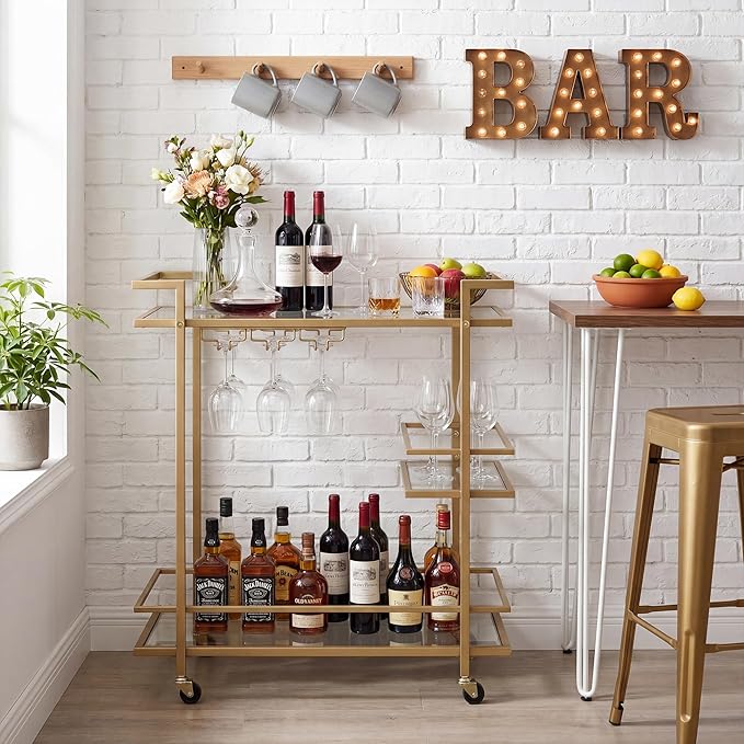 Gold Home Bar Cart, 2-Tier Glass Shelves Rolling Wine Cart with Wheels and Wine Holders, Modern Mobile Serving Trolley for Living Room Dining Room