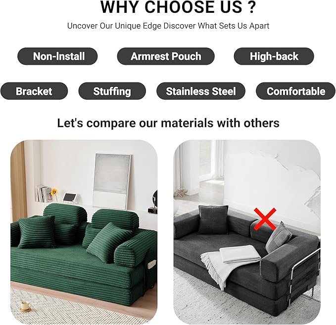 78.8" Convertible Sofa Bed with High Backrest Headrest, 5-in-1 Corduroy Boneless Couch with Side Pocket, Sleeper Loveseat Couch Bed Sectional Couches for Living Room, No Assembly, Green