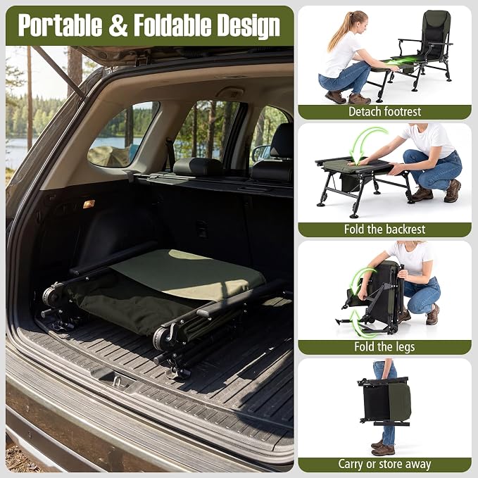 GYMAX Foldable Fishing Chair, Heavy Duty All-Terrain Camping Chair, Detachable Footrest, 180° Adjustable Padded High-Back, Portable Recliner for Outdoor (Detachable Footrest)