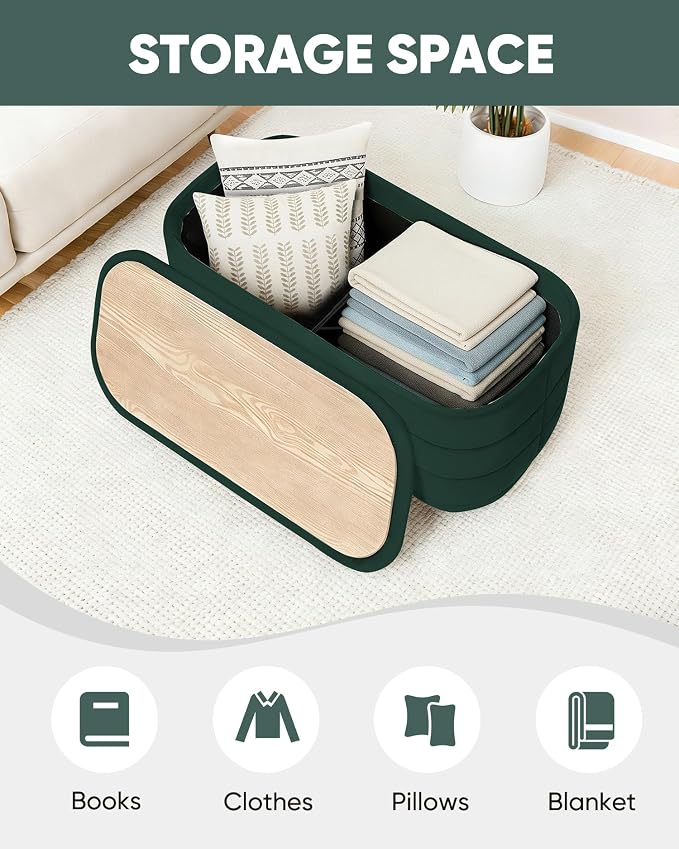 B FSOBEIIALEO Velvet Storage Ottoman with Tray, Folding Ottoman with Storage Coffee Table Shoes Bench for Dorm Room, Living Room Bottle Green, 30"x15"x15"