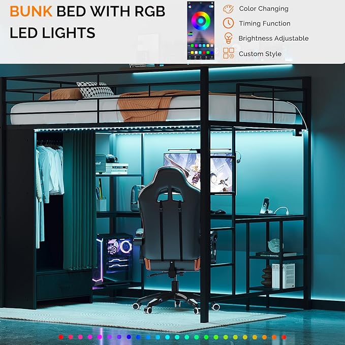 VINGLI Full Loft Bed 15 Inch Extra Tall Safety Guardrail, Wardrobe with Curtain, and Flat Rungs, LED High Double Sleeper with 2 Charging Stations, Desk and Drawer, Heavy Duty Space Saving Bed, Black