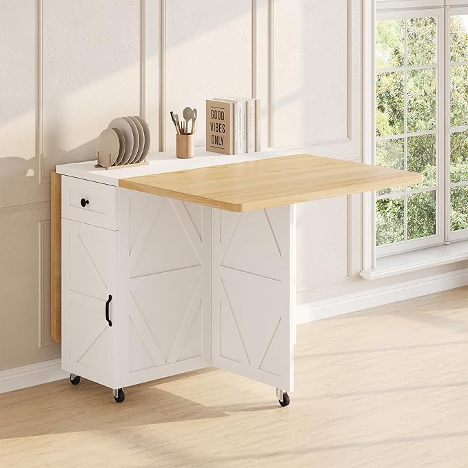 Folding Dining Table for Small Spaces, Space Saving Foldable Kitchen Table with Drawer & Storage Shelf, Rolling Drop Leaf Dining Table with Wheels for Dining Room (Natual 47.2" x 23.6" x 29.5")