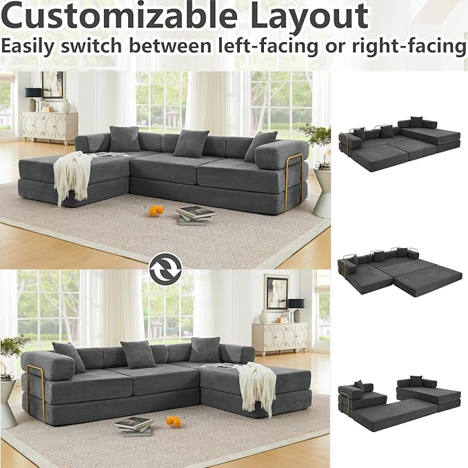 HANXIN 108" Modular Sectional Sofa, Futon Convertible Sofa Bed,Oversized Corduroy Boneless Couch for Living Room,Floor Loveseat Sleeper with Pull Out Bed,Free Combination,No Assembly Required (Grey)