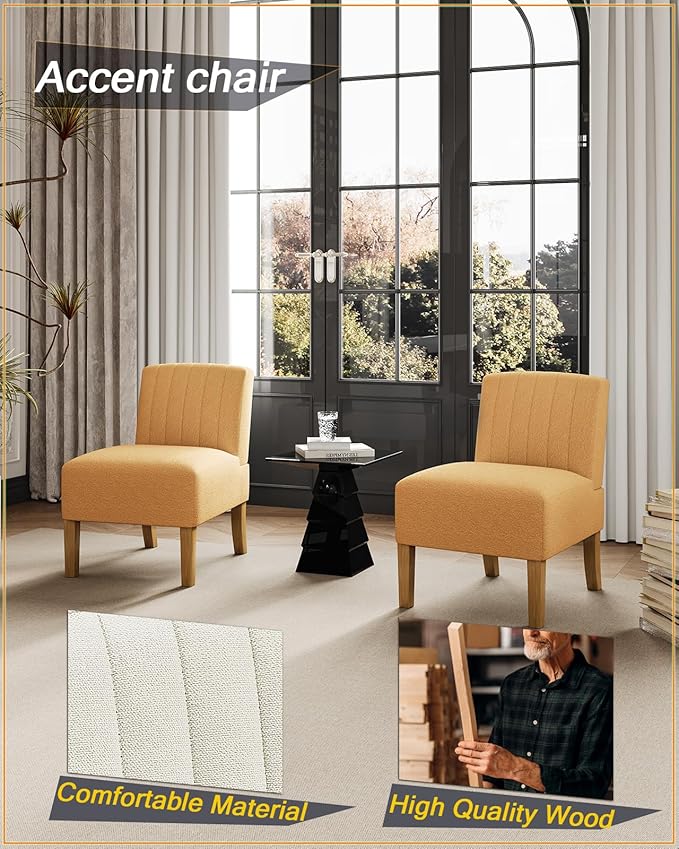 VIRRMO Armless Accent Chairs for Living Room, Modern Slipper Chair Living Room Chairs with Solid Wood Legs, Makeup Vanity Chair Fabric Comfy Upholstered Arm Chair Accent Chair Side Chair, Yellow