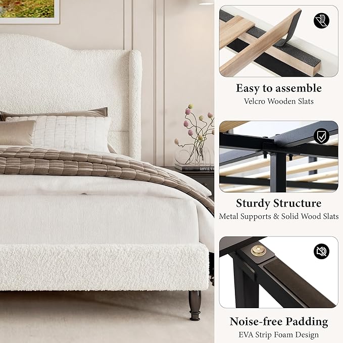 Queen Bed Frame with Wingback Headboard, Upholstered Boucle Platform Bed Frame, Solid Wooden Slats Support, Noise-Free, No Box Spring Needed, Soft Cloud Bed for Bedroom, Cream