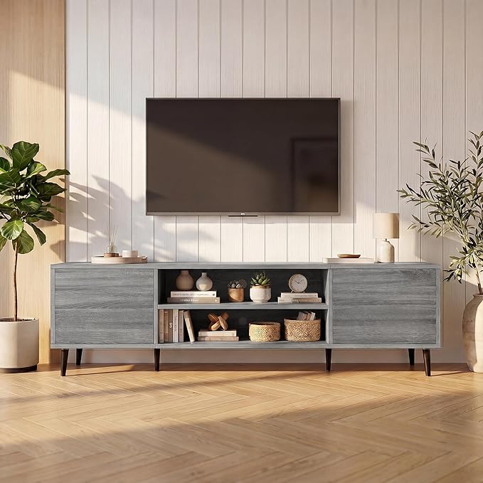 JUMMICO Mid-Century Modern TV Stand for 65-70 Inch TVs, 63 Inch Media Console with Storage, Entertainment Center with Push-Open Cabinets and Cable Management for Living Room (Grey, 63 Inches)