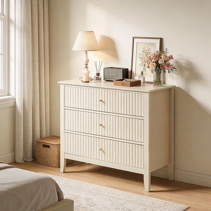 RoyalCraft 32" Large Nightstand, Fluted Painted Bedside Table with 3 Spacious Drawers, Modern Tall End Table for Bedroom, Beige
