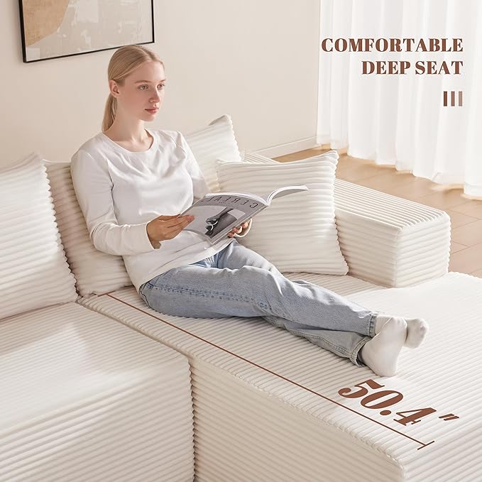 Mangodan 110” Cloud Sectional Couch, Boneless Sofa for Living Room, Modular Sectional Sofa with Deep Seat, Comfy Fluffy U-Shaped Couch with Right-Facing Chaise, No Assembly Required, Beige
