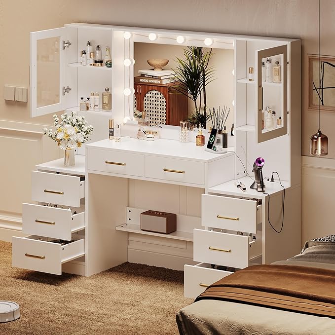 TOKSOM 58.3”Vanity Desk with Mirror and Charging Station, Bedroom Dressing Table, Large Vanity Set, 8 Drawers and 2 Cabinets, Makeup Vanity Table with Charging Station, Without Lights