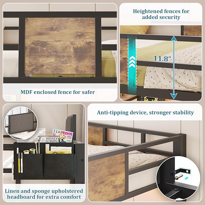 busyaeh Loft Bed with Desk,Loft Bed Full Size with 5 Drawers & 3 Open Shelves and LED Lights,Full Size Loft bed with Charging Station & Thickened Tread Stairs for Adults/Kids/Young Teens,Vintage Brown