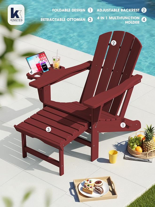 KINGYES Adjustable Folding Adirondack Chair with Footrest & 4-in-1 Multi-Functional Armrest Organizer Set of 2, HDPE Foldable Recliner Adirondack Chair with Pull-Out Ottoman, Red
