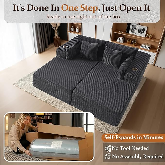 72" Cloud Sectional Couch, Comfort Sleep Sofa for Living Room, Extra Deep Seats No Assembly, Minimalist Modular Couch, Corduroy (Dark Grey, Loveseat Chaise)