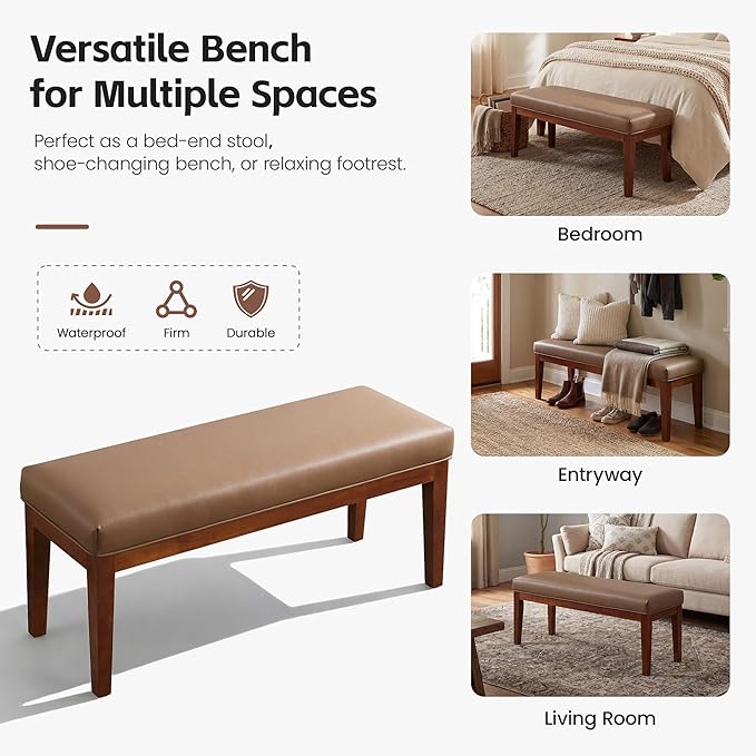 43.5" Upholstered Bedroom Bench, Faux Leather Entryway Bench with Solid Wood Legs, End of Bed Bench with Cushion, Dining Bench for Living Room, Bedroom, Hallway, Brown