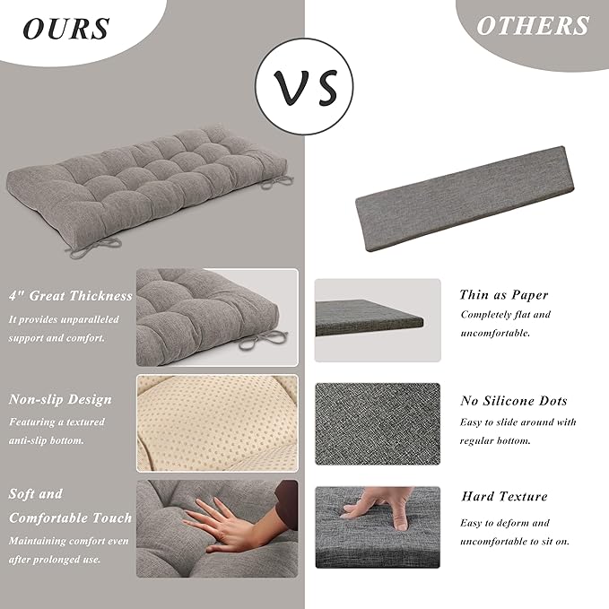Bench Cushion for Indoor Furniture 48x19 inch Rectangle Bench Seat Cushion for Bay Window Entryway Bench Thick Textured Chair Cushion with Non-Slip Backing 1 Pack, Light Grey