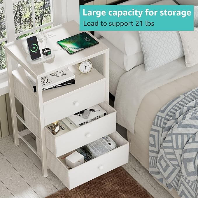 BOLUO White Night Stand with 3 Fabric Drawers, Nightstand with Charging Station LED Nightstand for Bedroom, Bedside Table with USB Ports and Outlets Modern