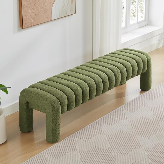 63” Dining Room Bench, Green Tufted Upholstered End of Bed Bench, Modern Entryway Ottoman Window Seat with Solid Wood Legs and Padded Seat for Bedroom, Hallway and Living Room (Boucle)