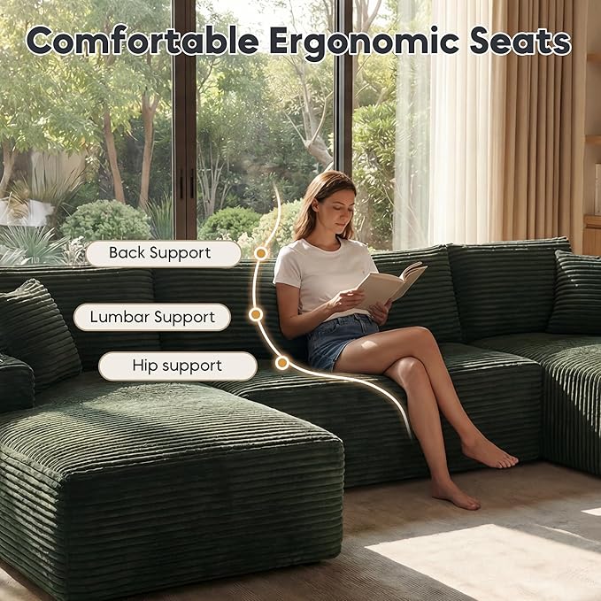 125 Inch Modular Sectional Sofa, Cloud Couch Oversized U Shaped Corduroy Sofa with Storage & Cupholders, Modern Deep Seat Boneless Couches for Living Room, No Assembly Required, Green