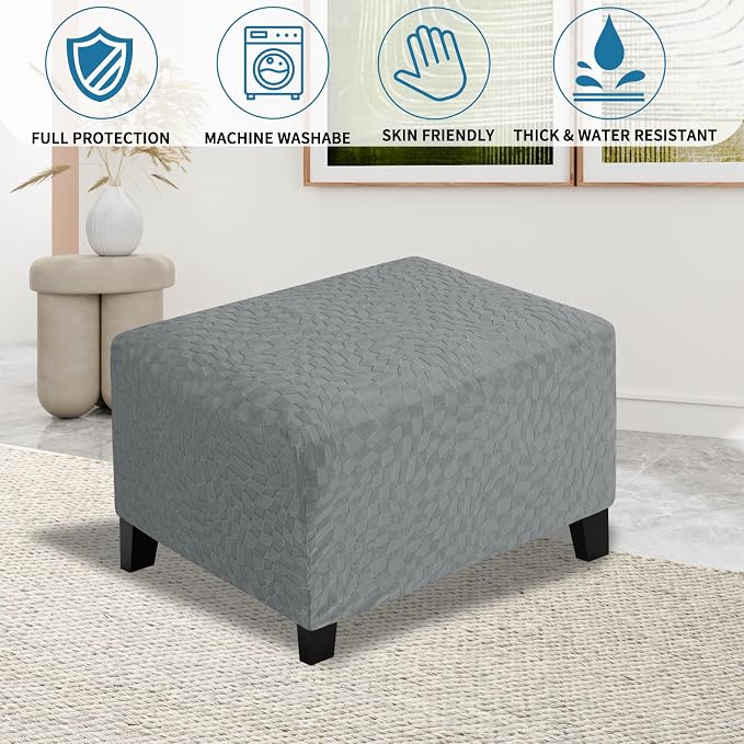ZNSAYOTX 2026 Rectangle Ottoman Cover (L:18"-27") Super Stretch Soft Footrest Slipcover Form Fit, Universal Folding Foot Stool Covers with Non-Slip Elastic Band, Fashion Jacquard Texture, Light Grey