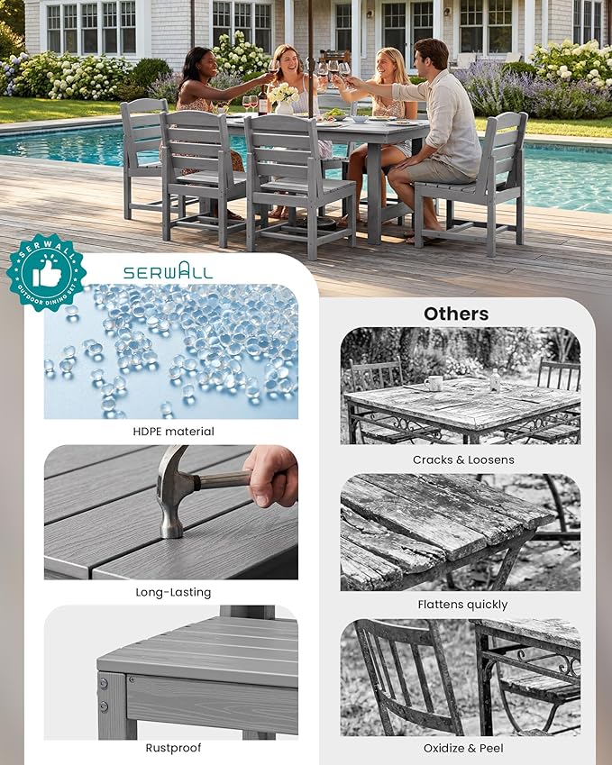 SERWALL Patio Dining Sets for 6 Person, HDPE Dining Set with 6 Armless Chairs, Light Gray