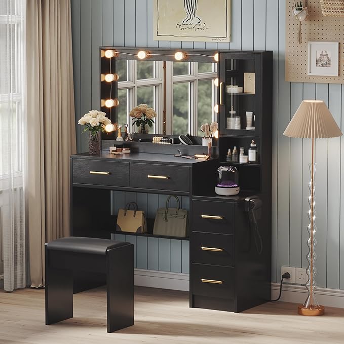 TOKSOM Makeup Vanity with Lights & Charging Station, Black Vanity Table with 5 Drawers & Open Storage Shelves, Bedroom Makeup Dressing Table Set for Women Girls Golden Handles