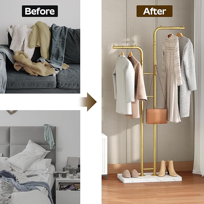 YATINEY Gold Coat Hanger Stand, Floor Standing Coat Rack, Entryway Coat Tree with 8 Hooks and Marble-Look Base, Modern Double-Pole Metal Clothes Rack for Entrance, Living Room, Bedroom, YM02DWY1