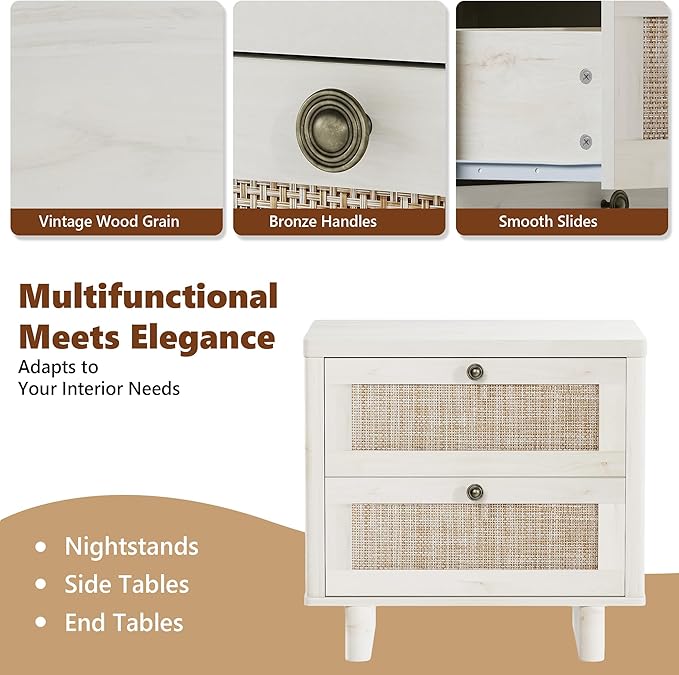 LAZZO White Nightstands Set of 2, Mid Century Modern Night Stand with 2 Rattan Drawers, Bedroom End Tables