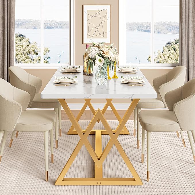 IRONCK 63" Dining Table for 4-6, Modern Rectangular Kitchen Table with Sturdy Metal Frame & Geometric Legs for Dining Room, Easy Clean-Faux Marble Color