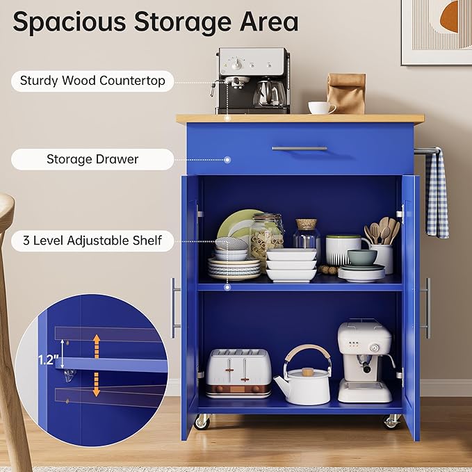 OtterOasis Kitchen Island Cart with Storage, Small Kitchen Island on Wheels with Large Drawer, Adjustable Shelf & Towel Rack, Rolling Island Table for Kitchen & Dining Room, Blue
