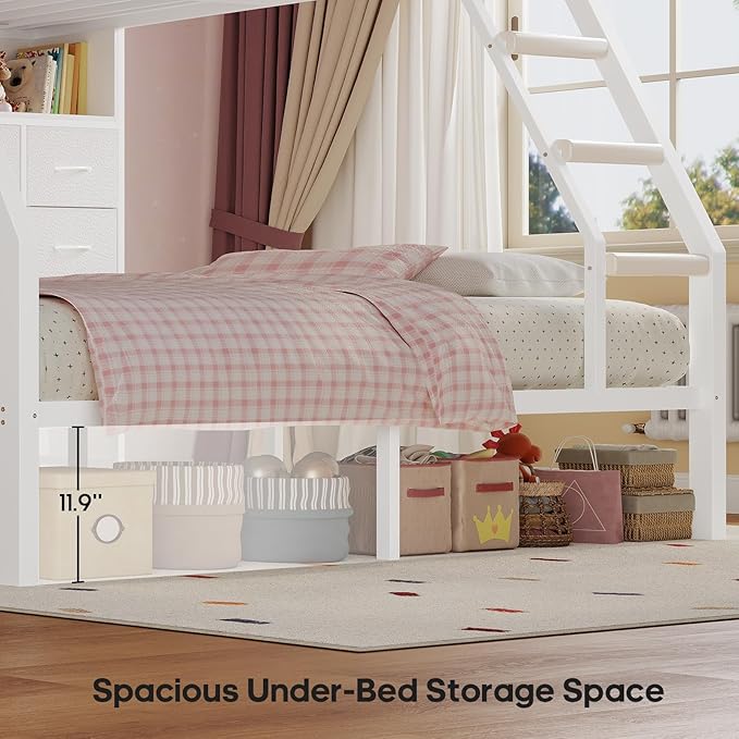 BTHFST Full Over Full Bunk Beds with 4 Storage Drawers & Shelves & Bedside Caddy, Bunk Bed with Charging Station & LED Lights, Full Size Bunk Bed with Safety Guardrail & Angled Ladder, White